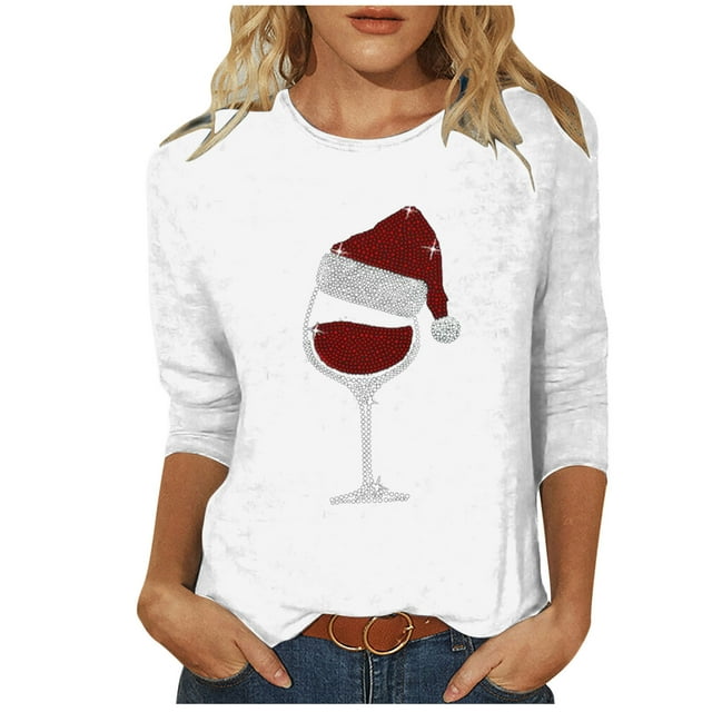 aidice T-Shirts de Noël pour Femmes Manches 3/4 Hauts Col Rond Strass Brillants Motif Verre de Vin Rouge Chapeau de Père Noël Tunique Décontractée
