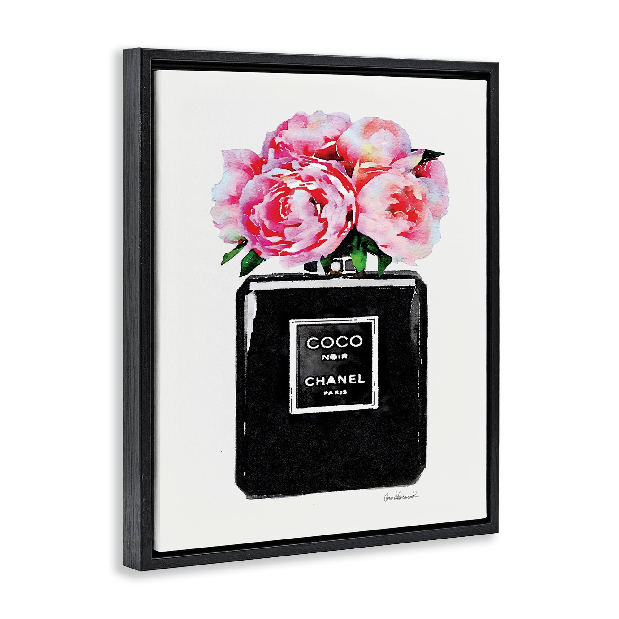 Stupell Industries Glam Perfume Bottle Flower Black Peony Pink Jet Black Framed Floating Canvas Wall Art, 16x20, by Amanda Greenwood