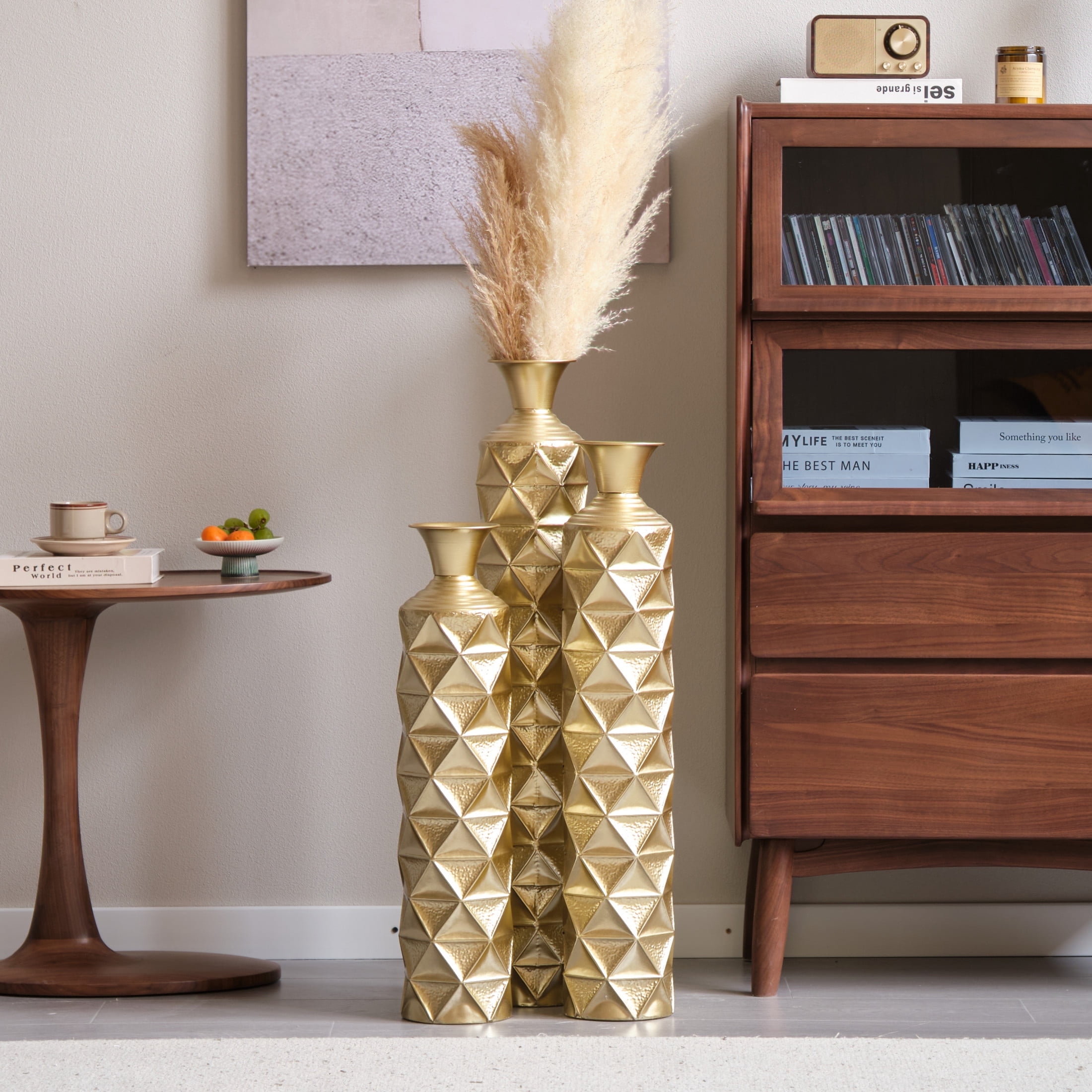 Noble House 3-Piece Metal Floor Vase Set, 33.5", 29.5", 25.2" Diamond Pattern Vases, Antique Gold