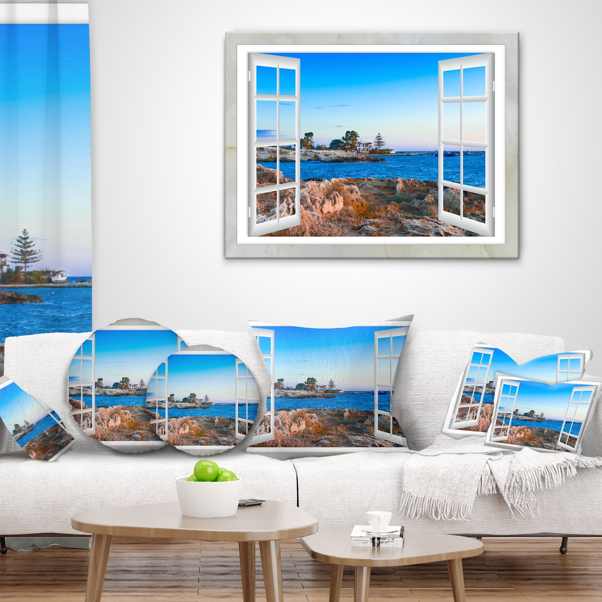 Designart Open Window to Blue Seashore - Landscape Wall Throw Pillow - 18x18
