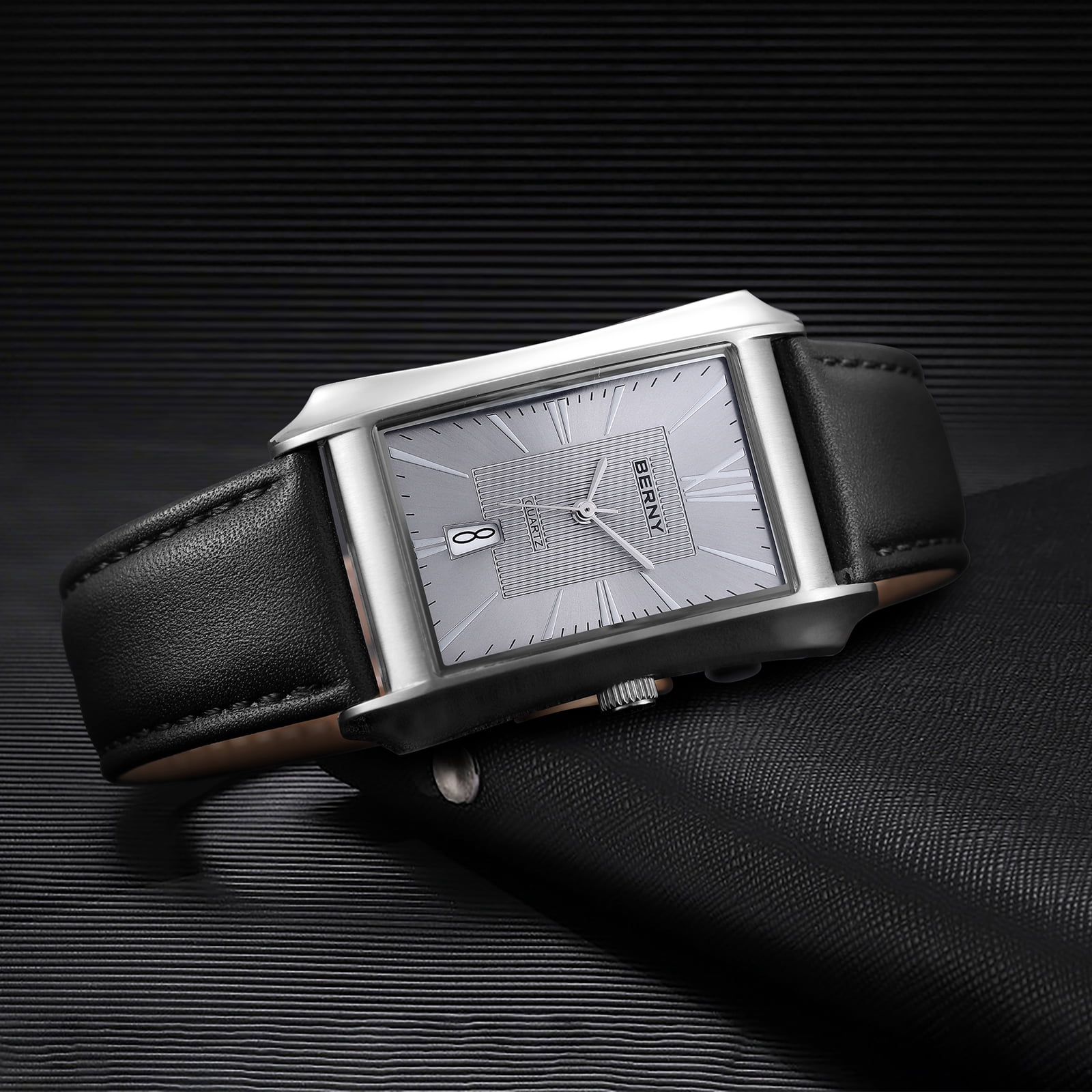 BERNY Men's Leather Watch, Vintage Stainless Steel Rectangular Case Roman Dial Dress Analog Watch with Date Calendar, Waterproof, Classic Business Quartz Wrist Watches for Men (Gray)