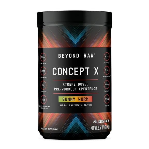 Beyond Raw Concept X | Clinically Dosed Pre-Workout Powder | Contains Caffeine, L-Citrulline, Creatine, and Beta-Alanine | Gummy Worm | 20 Servings