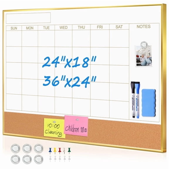 Dry Erase Calendar Whiteboard Cork Board Combo 24"x18" Magnetic White Board Calendar Dry Erase for Wall, Monthly Calendar Whiteboard Combination Board for Office Home, Gold Frame