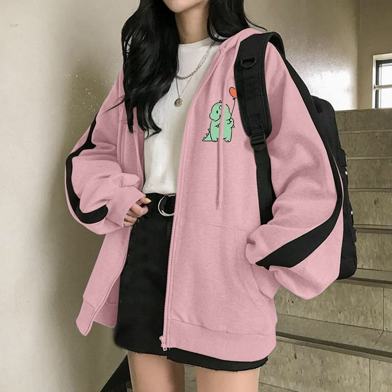 WANYNG hoodies for women Womens Zip Up Hoodie Fashion Oversized Plain  Hoodies Comfy Plus Size Sweatshirts Cute Jackets For Teen Crop Pink L