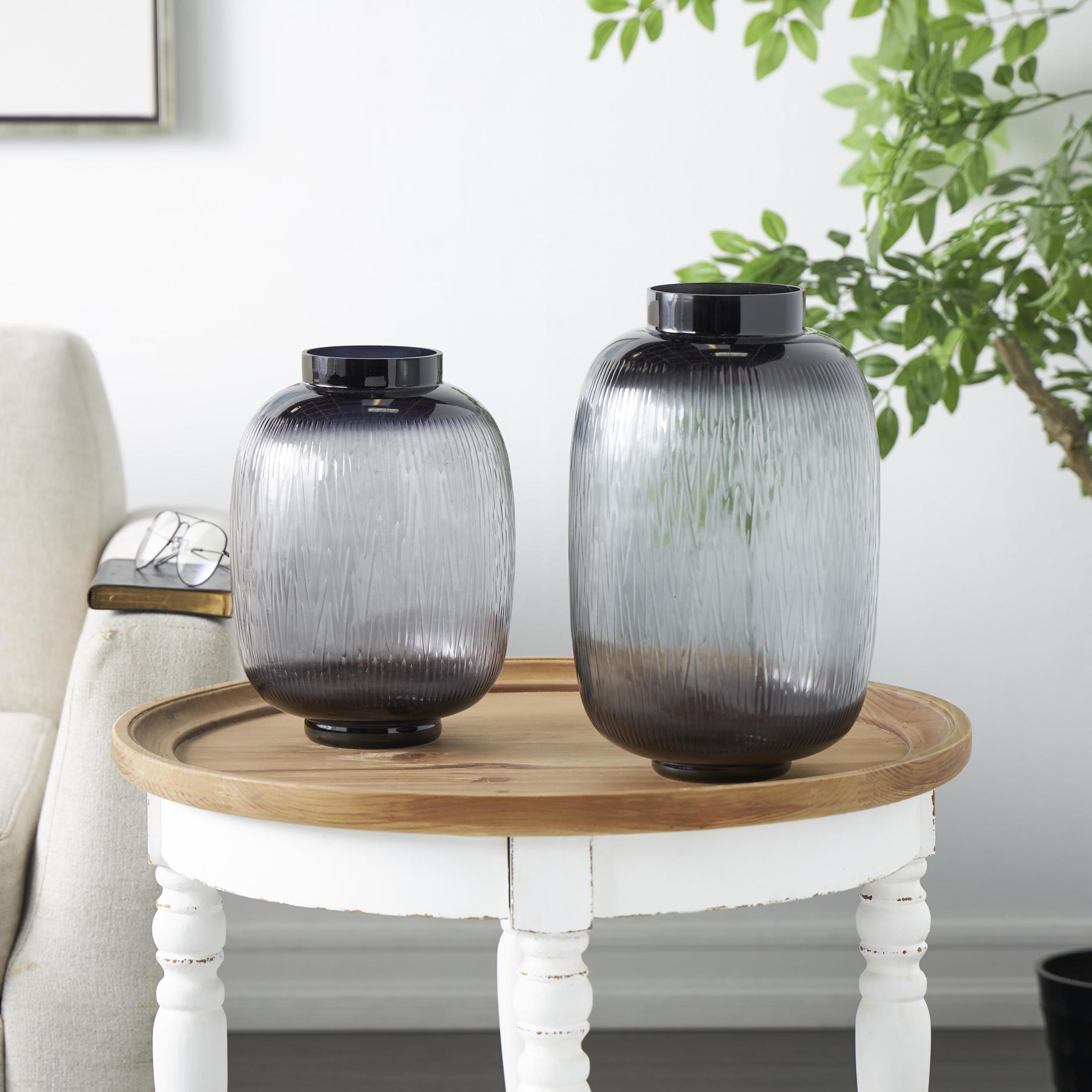 DecMode 13", 11"H Textured Ombre Black Glass Vase, Set of 2
