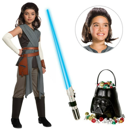 Star Wars Episode VIII: The Last Jedi - Deluxe Girl's Rey Costume with Wig and Lightsaber - Size LARGE