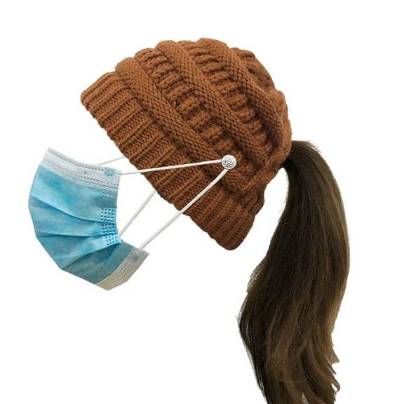 HAWEE Womens Ponytail Beanie Hat with Button for Mask, Criss Cross Winter High Messy Bun Beanie Hat with Ponytail Hole