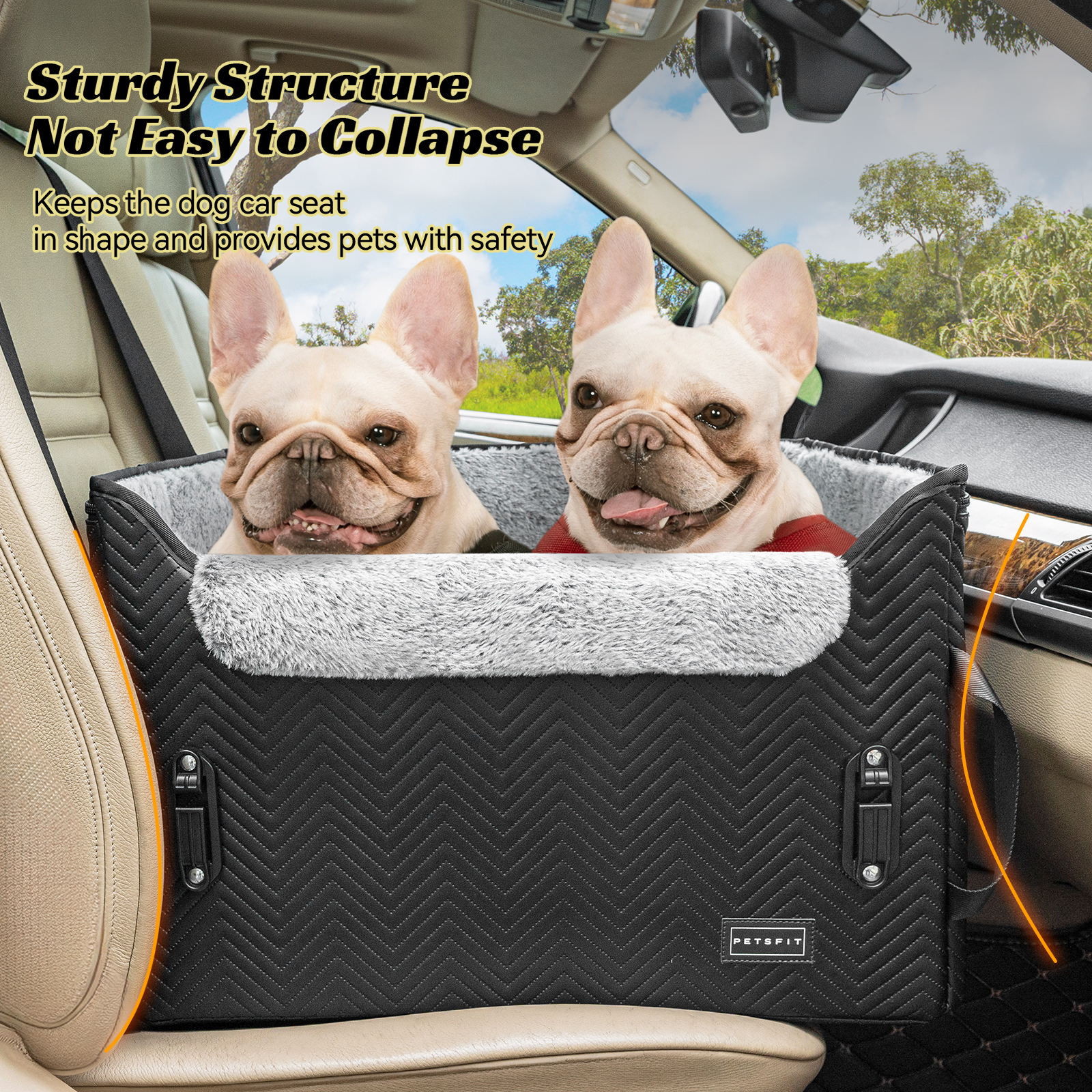 PETSFIT Dog Car Seat Medium Sized Dog, Waterproof PU Leather Dog Seat for Car with Patent Safe Buckles, 2 Clip-On Safety Leashes, Black