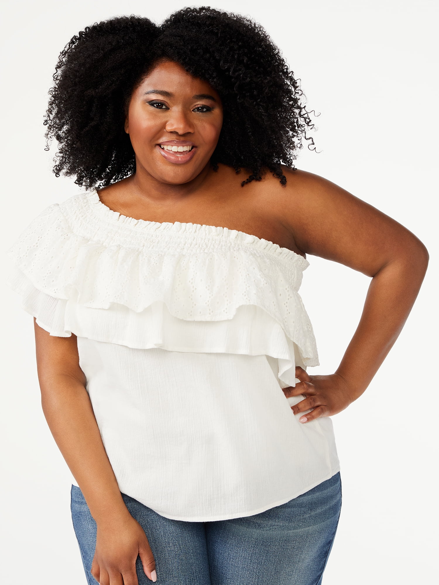 Sofia Jeans by Sofia Vergara Women's Plus Size One Shoulder Flounce Top