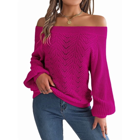 Crochet Tops for Women Off the Shoulder Sweaters Summer Long Sleeve Hollow Out Knit Beach Clothes Rose Red S