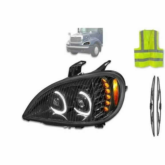 KOZAK Compatible with Freightliner Columbia 2004-2017 LED DRL Dual Projector Headlight / Lamp Black 12V Left Side