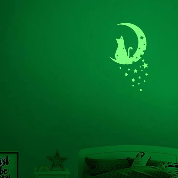 Sitting Cat in the moon with falling Stars Vinyl Decal Sticker Luminescent Neon Glow Lime Green Industrial Grade USA-Made Wall Bumper Window Kid Room 15" inch Large