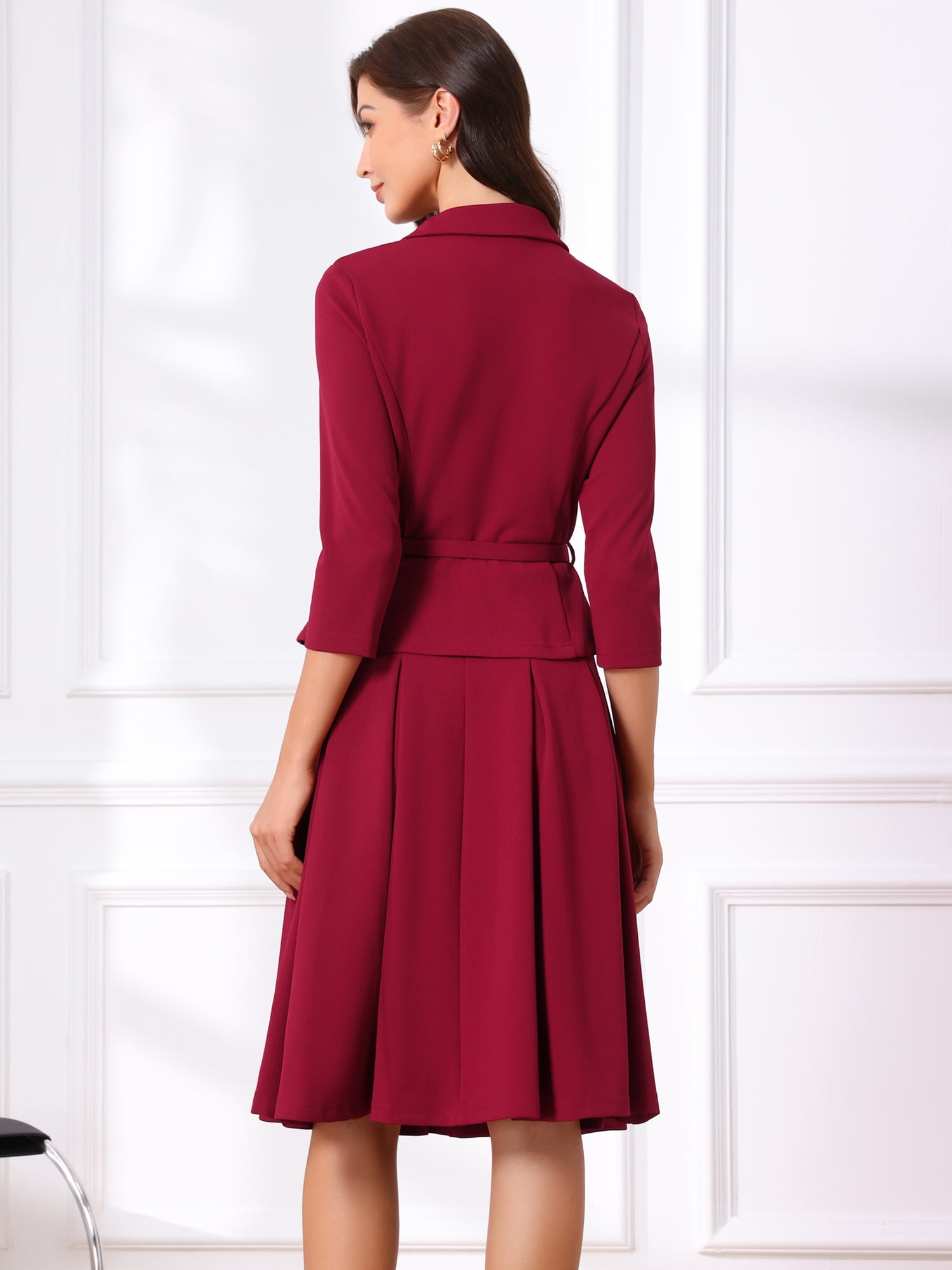 DARING DIVA 2Pcs Women's Office Blazer Jacket Pleated Skirt Suit Set M Dark Red