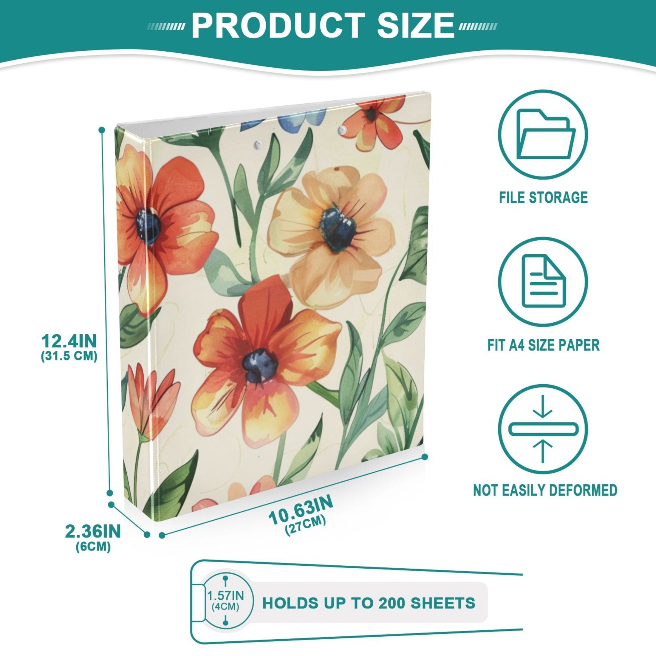 Flowers with Leaves 3 Ring Binders 1.5 inch Hardcover File Folders with Interior Pockets A4 Size Organizer for School Office Hospital