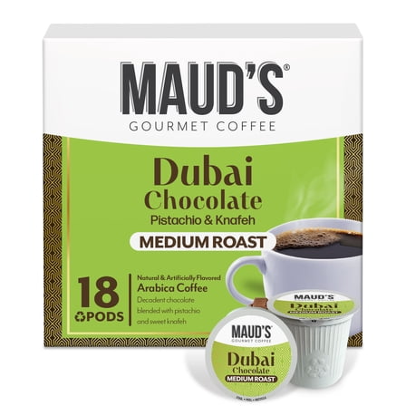 Maud's Dubai Chocolate Flavored Coffee Pods, 18 ct, Medium Roast Flavored Coffee in Recyclable Single Serve Pods – 100% Arabica Beans, Compatible with Keurig K Cups Maker