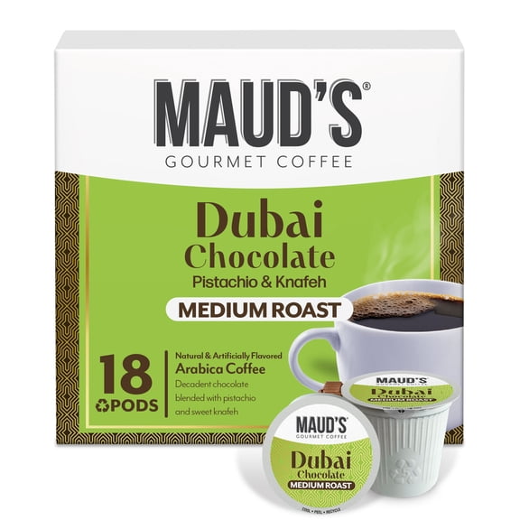 Maud's Dubai Chocolate Flavored Coffee Pods, 18 ct, Medium Roast Flavored Coffee in Recyclable Single Serve Pods – 100% Arabica Beans, Compatible with Keurig K Cups Maker