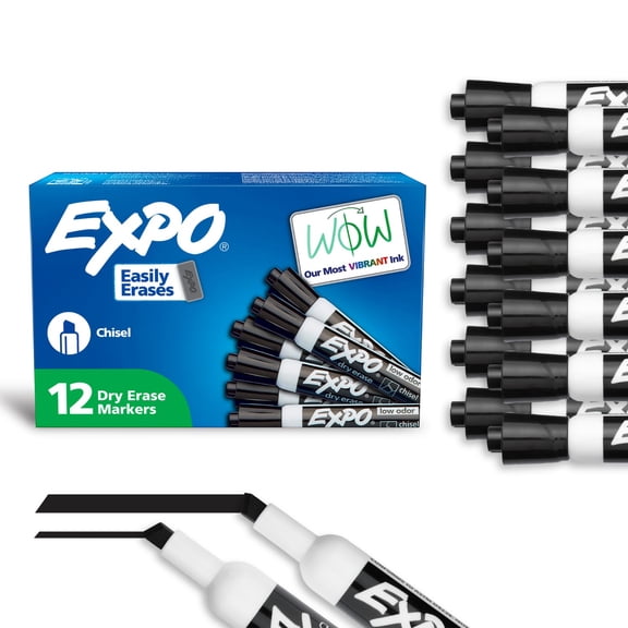 EXPO Dry Erase Markers, Chisel Tip, Black, 12 Count