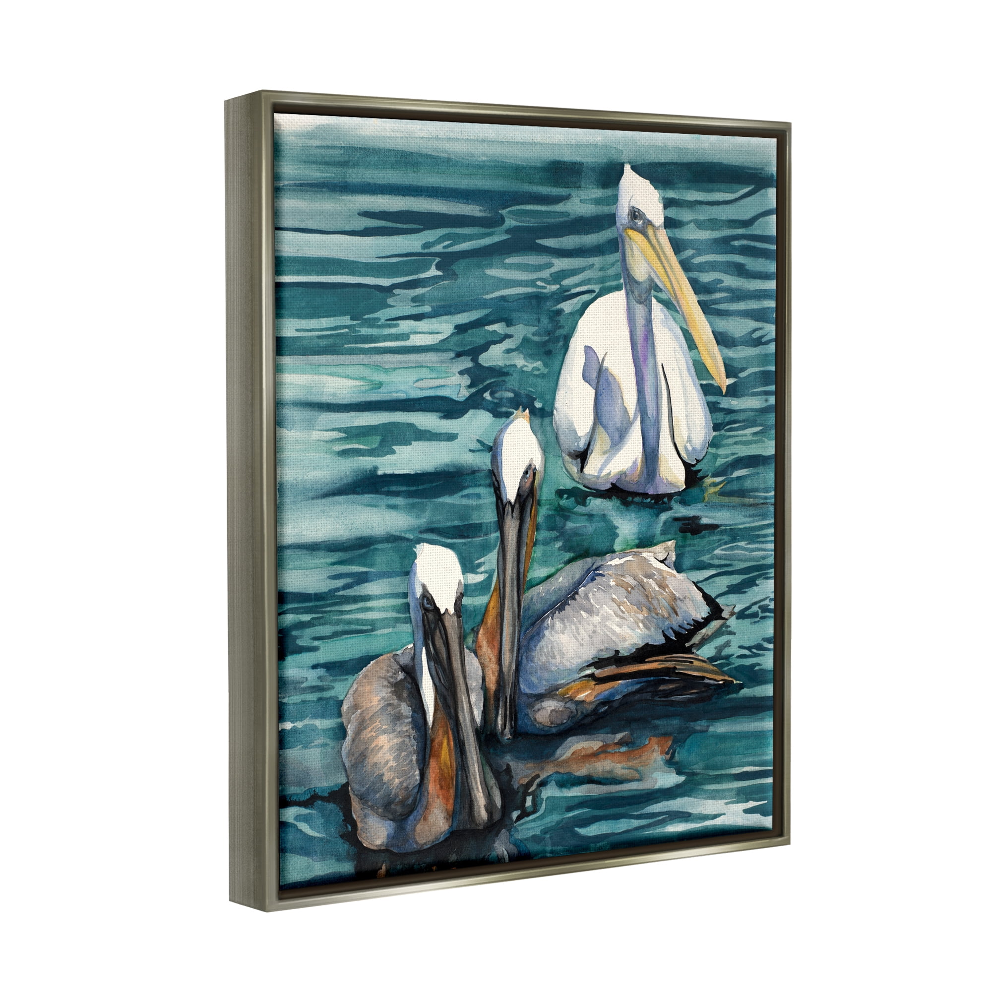 Stupell Industries Pelicans at Sea Painting Animals & Insects Painting Gray Floater Framed Art Print Wall Art, 25 x 31