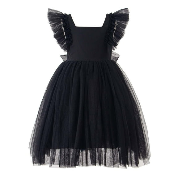 FAOWME Girls Dress Ruffle Short Sleeve Square Neck Backless Tutu Dresses Kids Wedding Elegant Princess Dress Clothing For Girls Black 4-5 Years