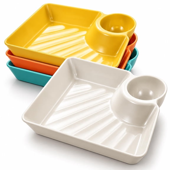 Plates with Dipping Cup Section Sauce Compartment 8 Inch 4 Pack Chip and Dip Serving Dish, Divided Plates for Adults, Food-Grade Pp Plastic, Dumpling Sushi Taco Plate Set