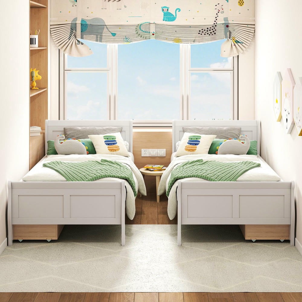 Barara King Twin Size Sleigh Bedroom Bed Frame with 2 Storage Drawers, Wood Bed Platform Frame for Apartment, Bedroom, White