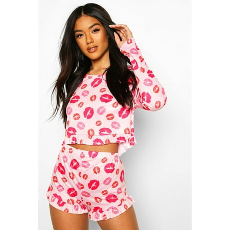 

Women 2 Piece Pajamas Sets Love Print Shirt Top Ruffle Shorts Pant Sleepwear Suit