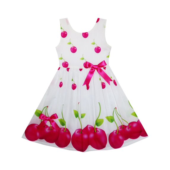 Girls Dress Red Apple Green Leave Print Satin Bow Tie 6