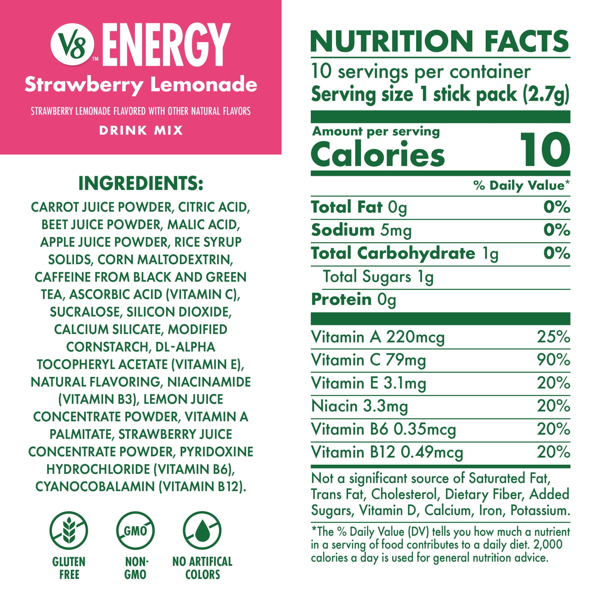 (12 pack) V8 Energy Strawberry Lemonade Energy Drink Powder, .10 oz Packet (120 Count)