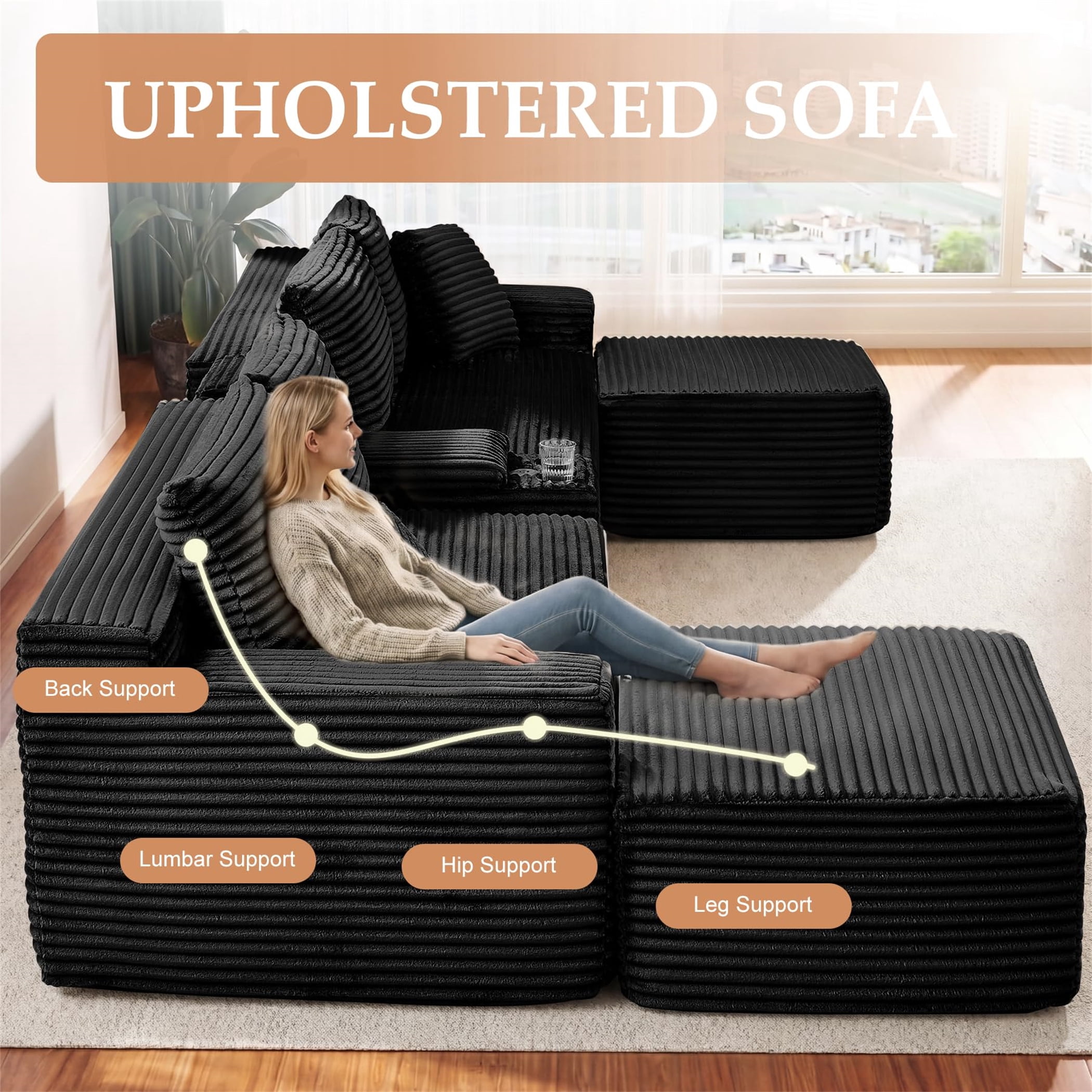 Aukfa 127" U Shaped Cloud Sectional Sofa Modular Boneless Couch with USB&Cupholdes Storage Console for Living Room, Corduroy, Black