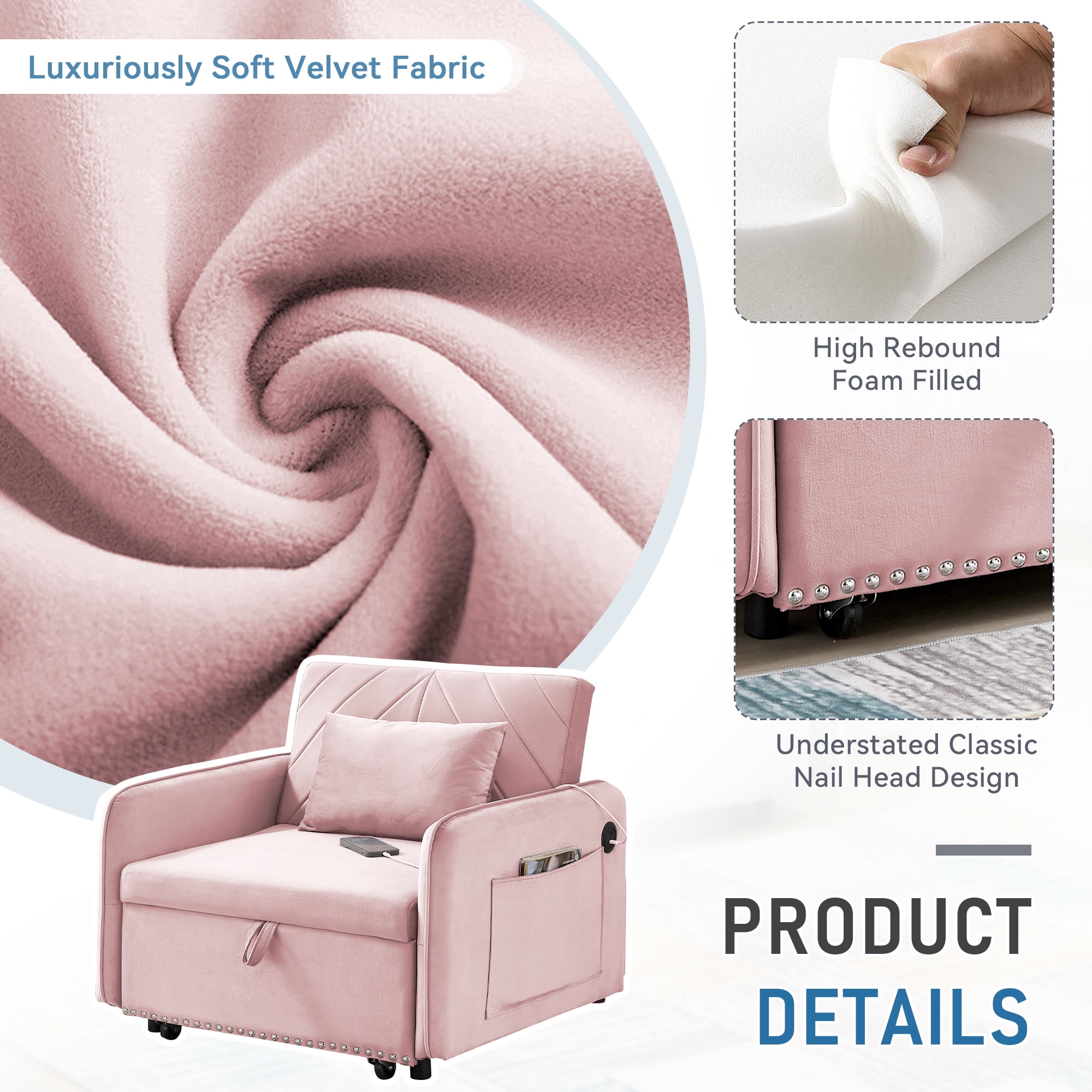 Lunale 3-in-1 Convertible Sleeper Chair Bed, Indoor Lounge Chair with USB/Type-C, Pink Velvet