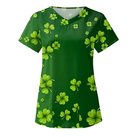 

Odeerbi St. Patrick s Day Scrub Tops for Women Fashion Short Sleeve V-Neck Working Uniform Printing Blouse with Pocket Green