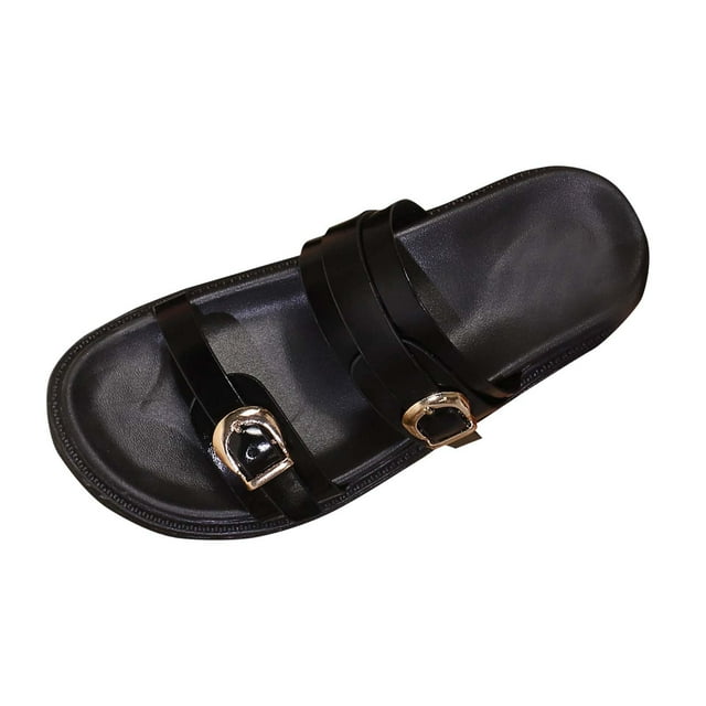 Slide Sandals for Women Flat Double Buckle Straps Open Toe Thick Sole Leather Beach Summer Sandals Black