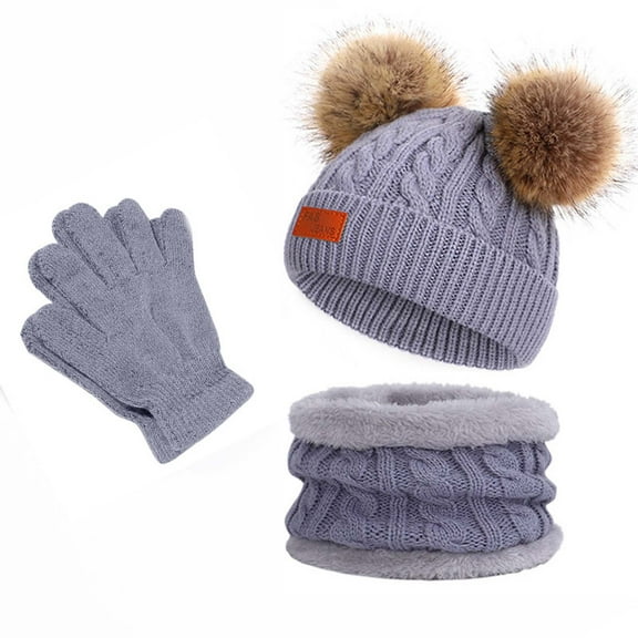Idoravan Kids Winter Beanie Hat and Scarf Set Kids Winter Beanie Hat Warm Knit Thick Ski Cap with PomPom and Scarf Gloves Set for Girls Boys Gray