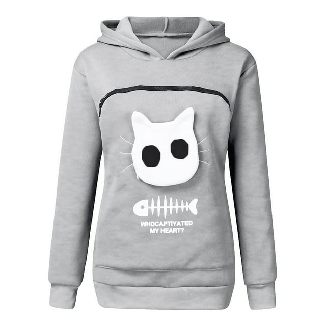 Cat Sweatshirt with Cat Pouch Women’s Sweatshirt Pouch Hood Tops Carry Breathable Pullover Blouse