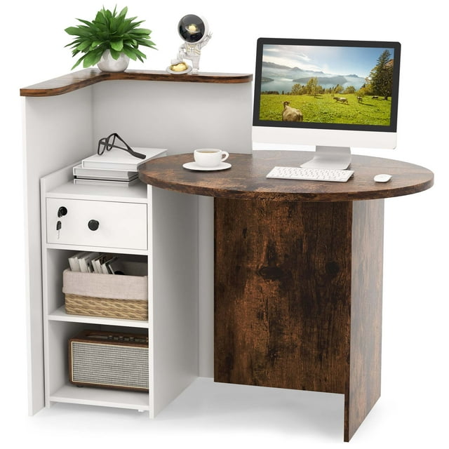 Costway Front Reception Counter Desk Checkout Office Desk with Open Shelf & Lockable Drawer