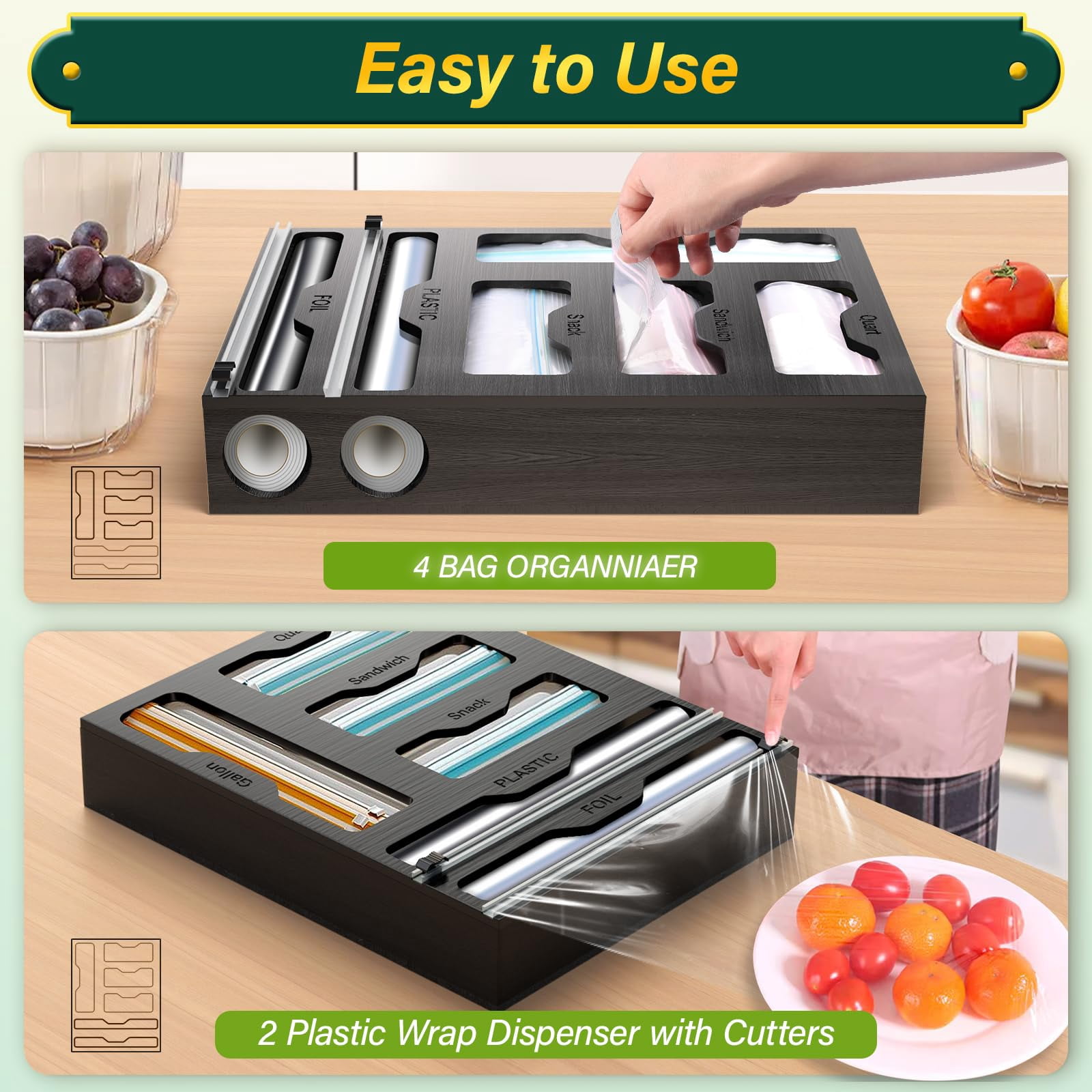Plastic Wrap Dispenser with Cutter, 6 In 1 Bamboo Foil and Plastic Wrap Organizer for Kitchen Drawer, Food Storage Bag Organizer for Gallon,Quart,Sandwich,Snack(Yellow)