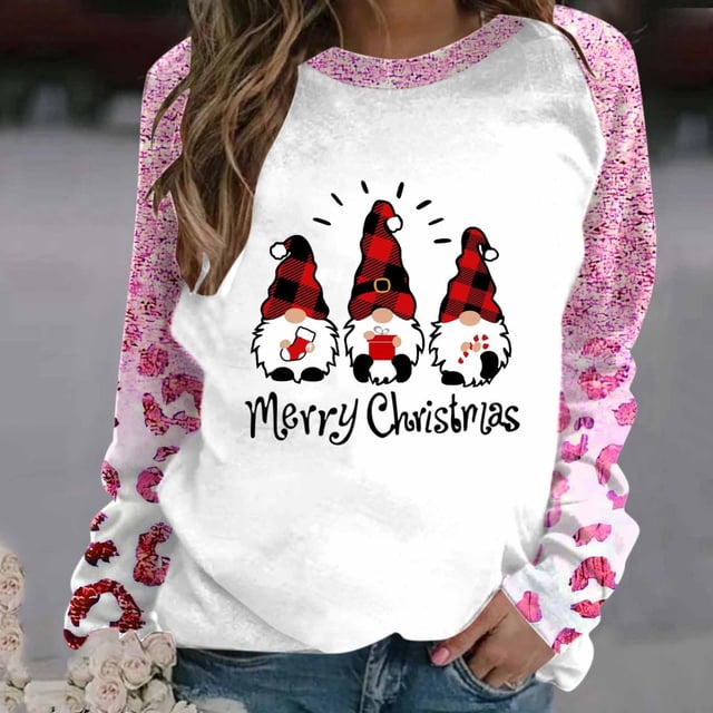 TIMIFIS Chandail en Molleton de Noël Oversize pour Femmes Mode Décontractée Mignon Père Noël Imprimé Col Rond Chandail Cadeaux pour Femmes pour Noël