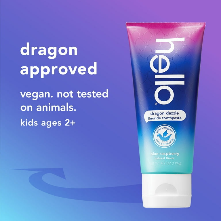 3 pack) hello Dragon Dazzle Kids Toothpaste with Fluoride, Blue
