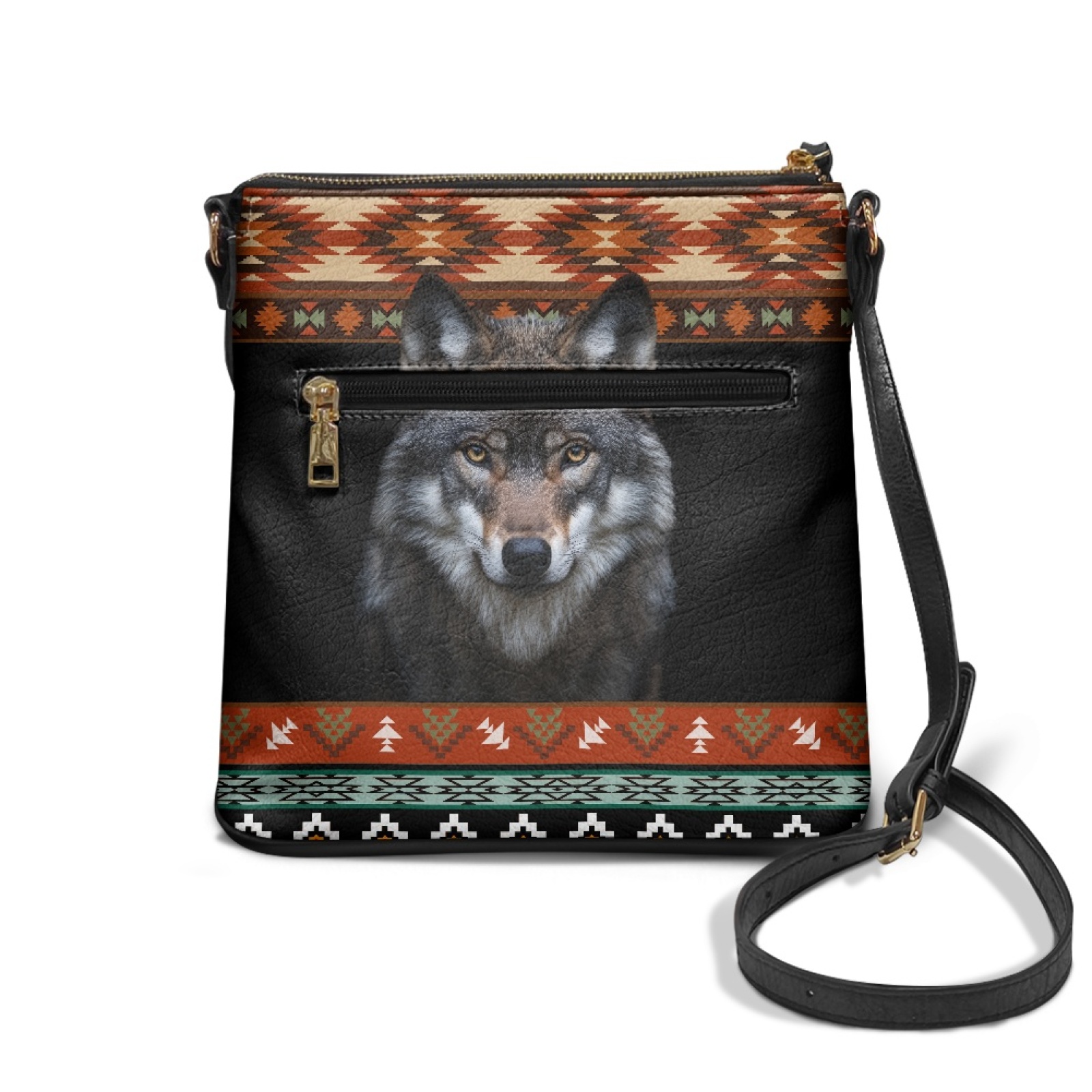 LedBack Aztec Wolf Print Crossbody Purse for Women Leather Shoulder Handbag Portable Cross Body Satchel Purse Messenger Purse for Travel Shopping, Black