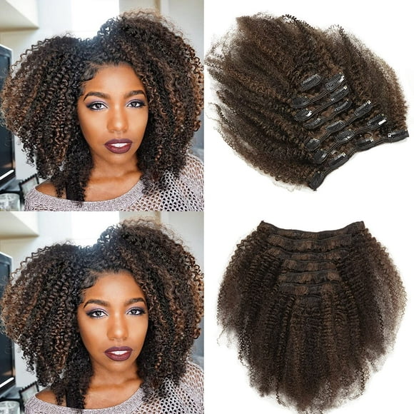 Lacer Hair Short Length Clips in Hair Extensions Afro Kinky Curly Human Hair Extensions for Black Women Piano Natural Black Mixed with Dark Brown 4B 4C Hai