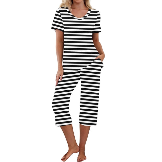 DecSea Pyjama Capri pour Femmes, Ensembles de Nuit à Manches Courtes, Deux Pièces, Hauts à Col en V et Pantalons Capri avec Poches, P-2TG