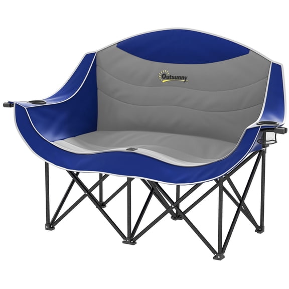 Outsunny Padded Folding Camp Chair for Adults  Double Camping Chairwith Armrests  Cup Holders  Carry Bag for Outdoor  Blue