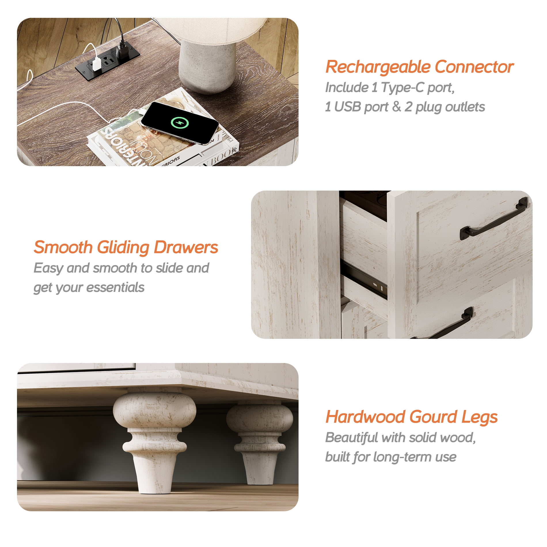 Antique White Side Table with 2 Drawers, Rustic End Table with Charging Station, Wooden Nightstand for Bedroom, Living Room