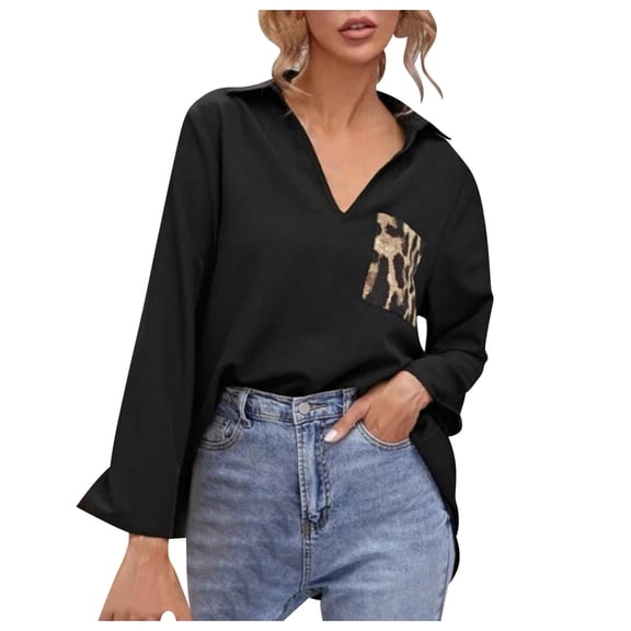 Casual Color Collar Long Navel Blouse Sexy Tops Womens Sleeve Fold Lepord Women's Blouse Womens Tee Tops
