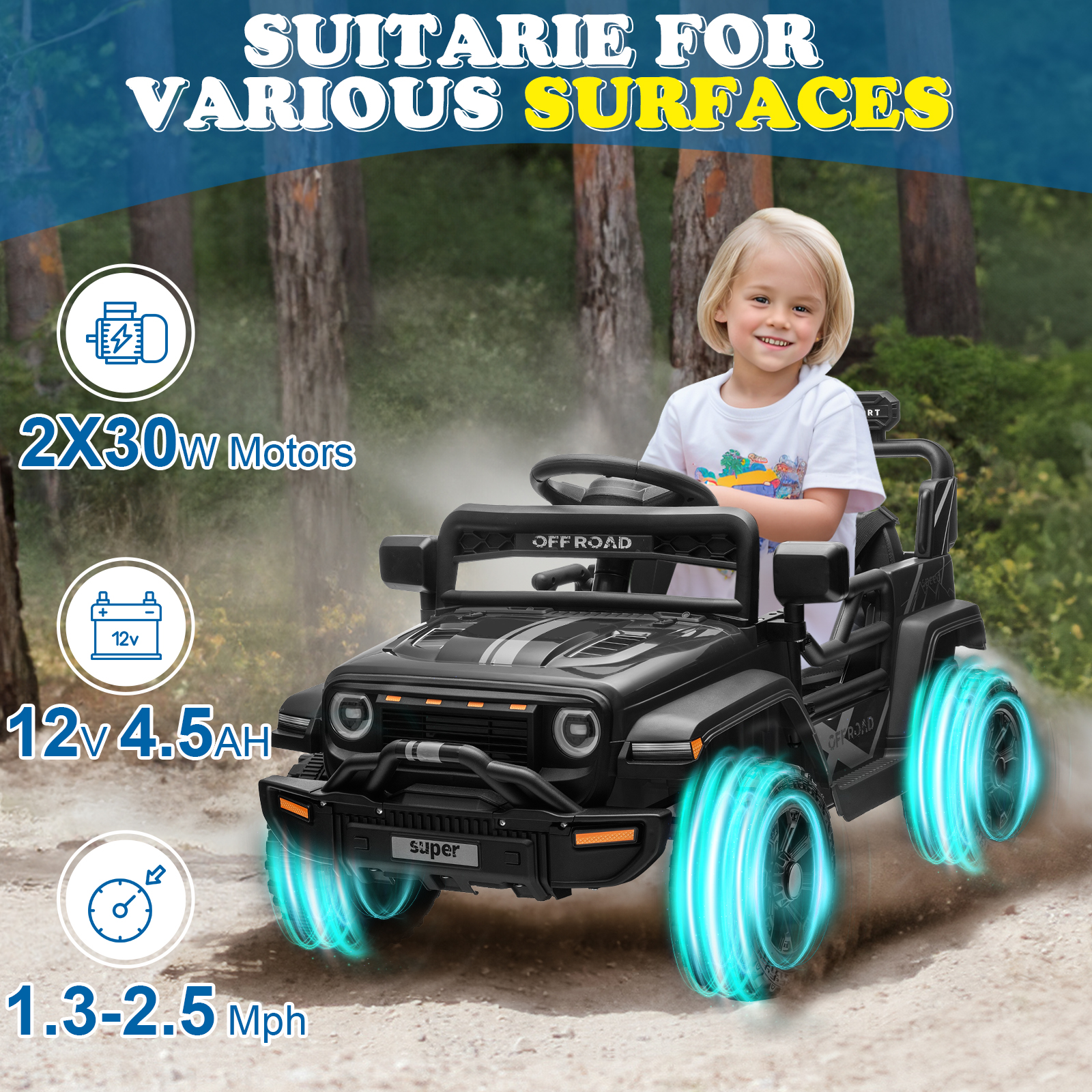 Ktaxon 12V Electric Wiggle Car for Kids, Electric Ride On Car for Aged 3+, 2 Speeds, Flashing Wheels, Bluetooth, LED Lights- Blue