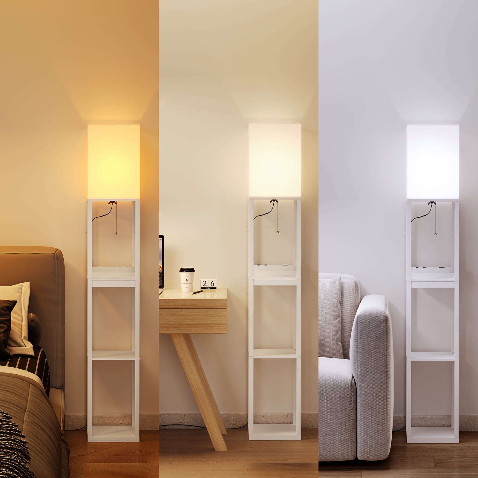 SUNMORY Floor Lamp with Shelves, Modern Dimmable Solid Wood Standing Lamp with 1 Drawer & 1USB Ports &1 Type& 2 Power Outlet, 3 Color Temperatures LED Bulb, Corner Tall Bookshelf Lamp for Living Room