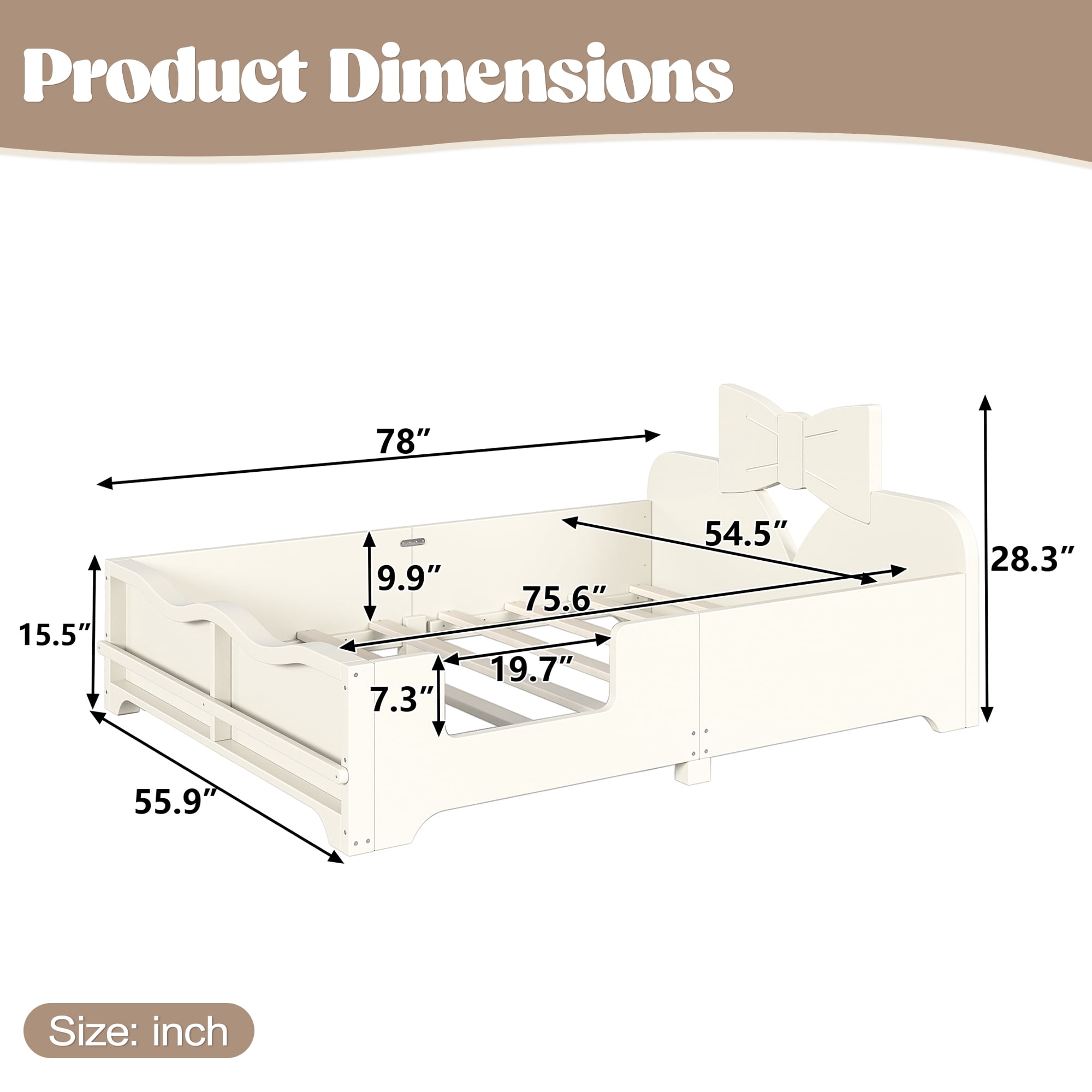 Leumius Full Platform Bed,Modern Wood Frame Bed with Full Surround Guardrails & Built-in Side Bookshelf for Kids Room,No Box Spring Needed,Beige
