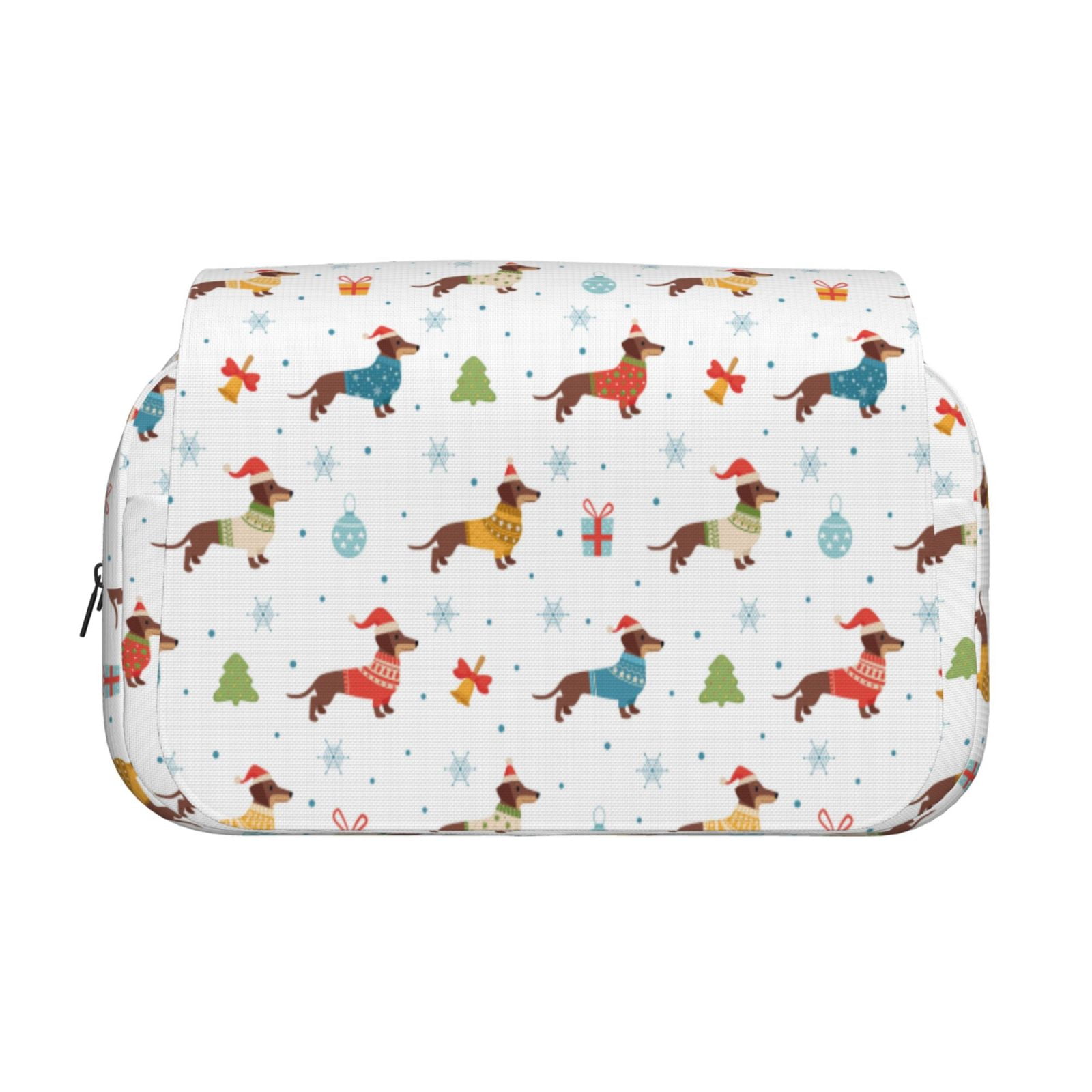 Rateoe winter Snowflake Dachshund Pattern Double Clamshell Pen Case, Storage Organizer with Two Zipper Compartments– Holds Up to 50 Pencils & Pens