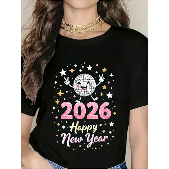 2026 Happy New Year T-Shirt For Women - Festive Disco Ball Design With Stars And Celebration Graphics, Perfect For New Year's Eve Party, Holiday Gift, And Seasonal Celebration Rel