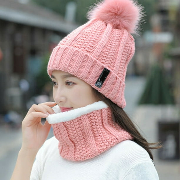 FOCUSNORM 2Pcs Scarf Hat Set Women Winter Warm Solid Pompoms Knitted